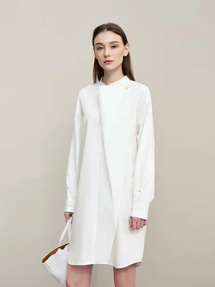 Amii レディースドレス 2026 春新作 スタンドアップネック コットンシャツドレス アシンメトリー ルーズ ドロップショルダー スリーブ 女性服 12641027