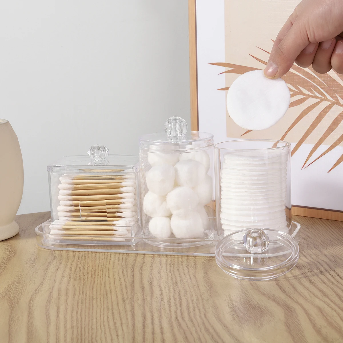 3Pcs Qtip Holder Dispenser, Apothecary Jars with Lids, Clear Acrylic Bathroom Jars 0rganizer, Cotton Swab Storage Dispenser