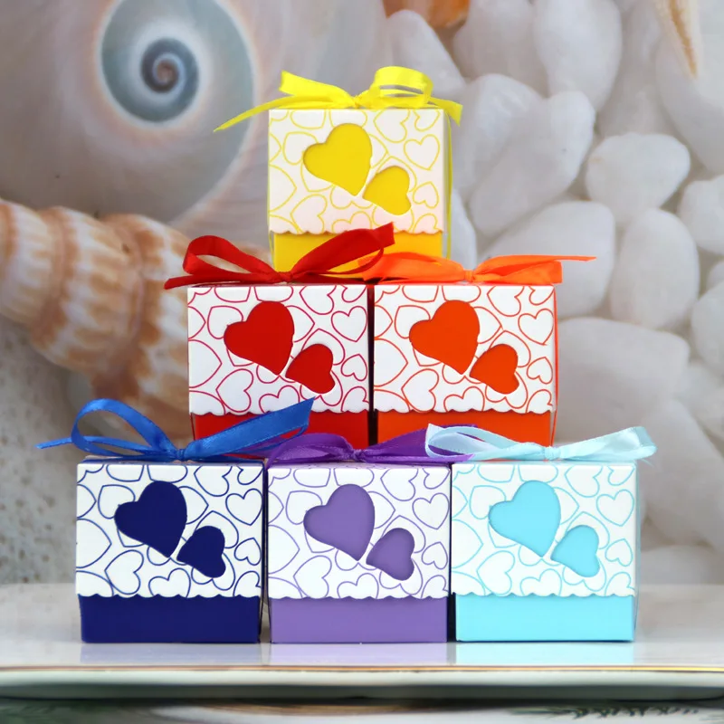 50Pcs Double Love Heart Candy Gifts Boxes Wedding Favor Gifts Boxes Packaging Bags with Ribbon Wedding Birthday Party Decoration