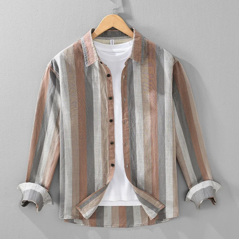 

2025 New Men's Long sleeved Blue Stripe Printed Shirt Social Luxury Men's Wear Hawaii Elegant Classic Fashion Solid Color