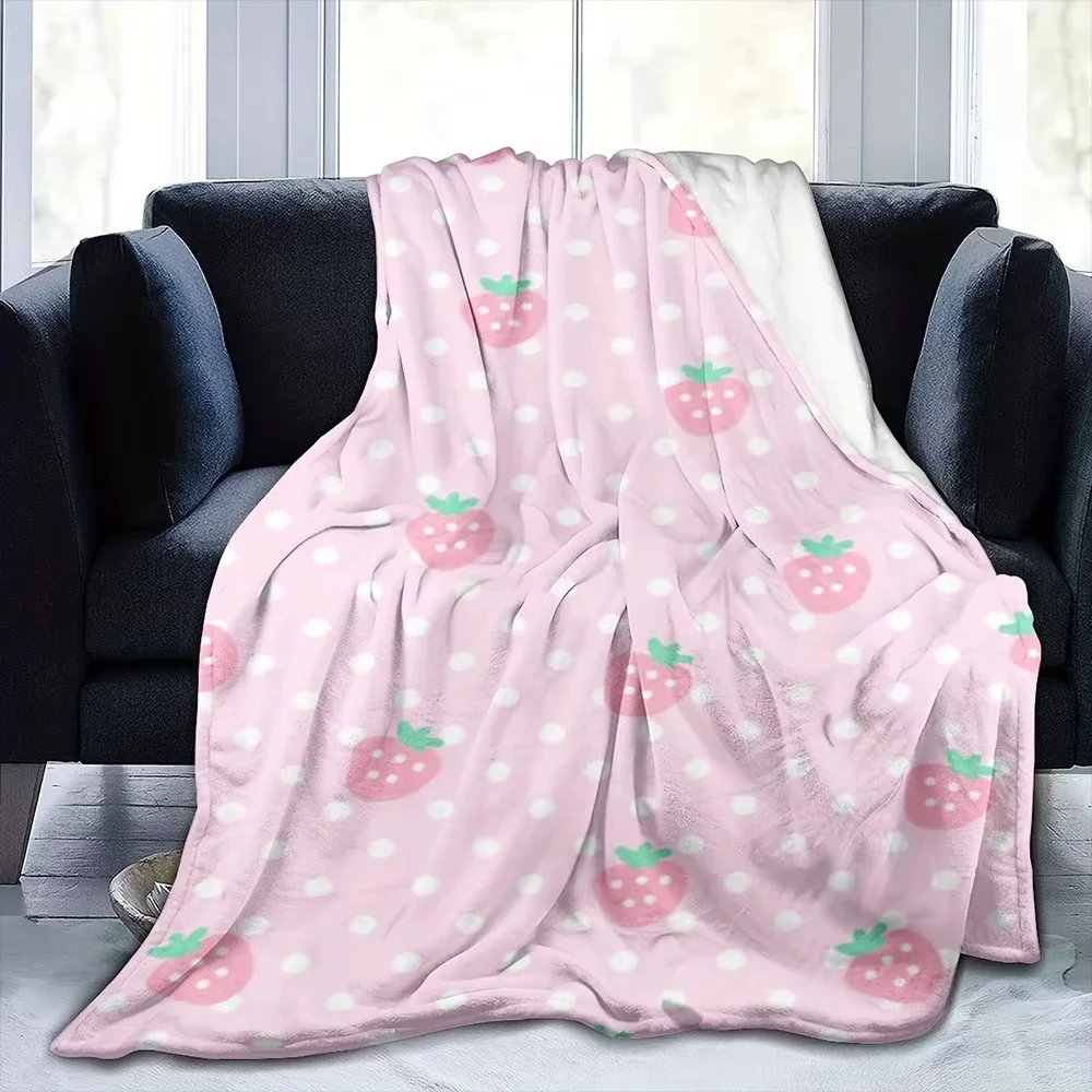 Pink Strawberry Polka Dot Flannel Throw Blanket Soft Cozy Cute Kawaii Blanket for Bedroom Living Room Dorm Decor