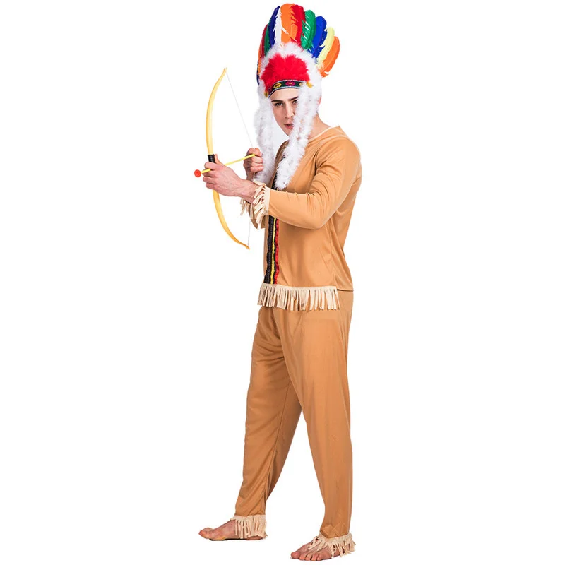 2022 Men Cheap Native American Halloween Party Costume Indian Primitive Hunters Cosplay Suits Carnival Easter Purim Fancy Dress