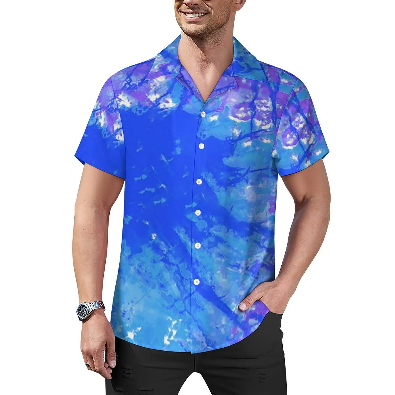 

Men's Hawaiian Shirts Tropical Print Casual Loose Tops V Neck Lapel Button Up Fashion Blouse Short Sleeve Lightweight T Shirt