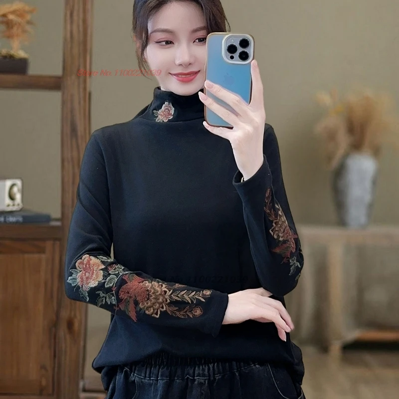 

2024 national flower embroidery stand collar thicken shirt ethnic vintage base shirt traditional folk shirt oriental hanfu tops