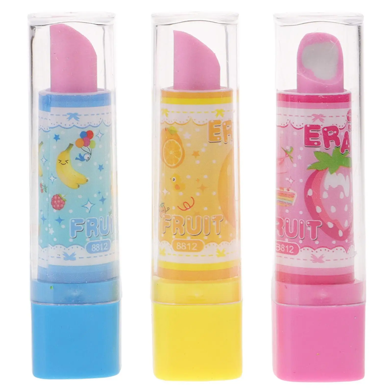 3 uds lápiz labial borrador fruta patrón niños papelería lápices labiales pequeña novedad estudiante