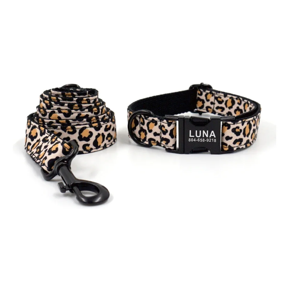 Collar personalizado para perro, placa de identificación para cachorro, hebilla negra ajustable, estampado de leopardo, correa de plomo básica para