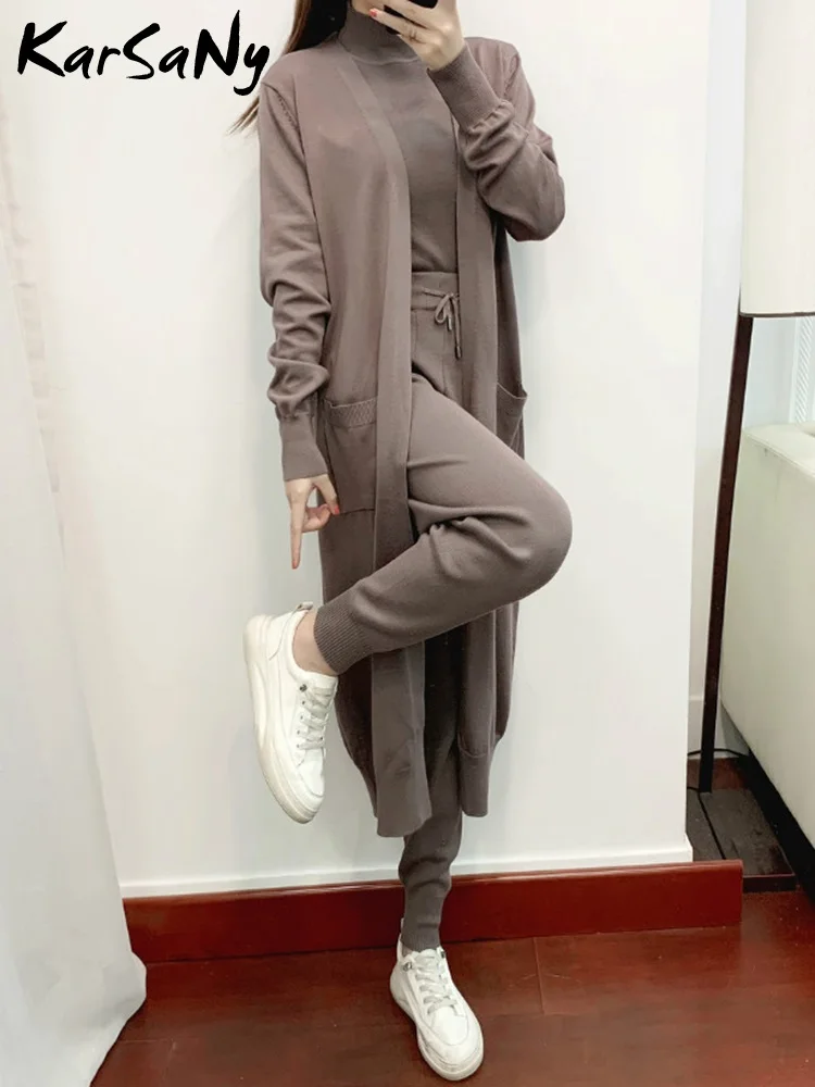 Women Knitted Sweaters 3 Sets Autumn Long Sweater Cardigan Half High Neck Sleeveless Vest Pencil Pants Solid Knitting Suit Woman