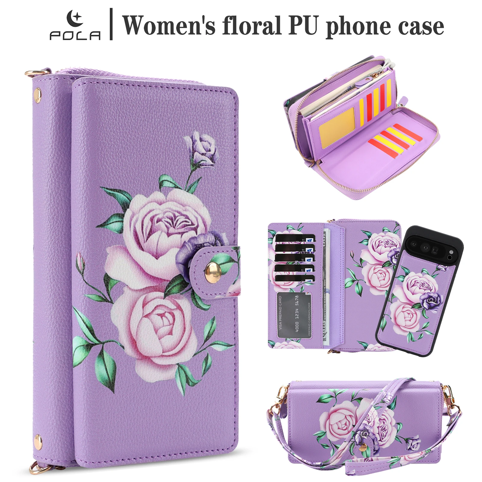 

Long Lanyard Leather Zipper Wallet Card Phone Case For Google PixeL 10 Pro XL 9 9Pro 8 8Pro 8A Magnetic Flip Stand Cover Hoesje