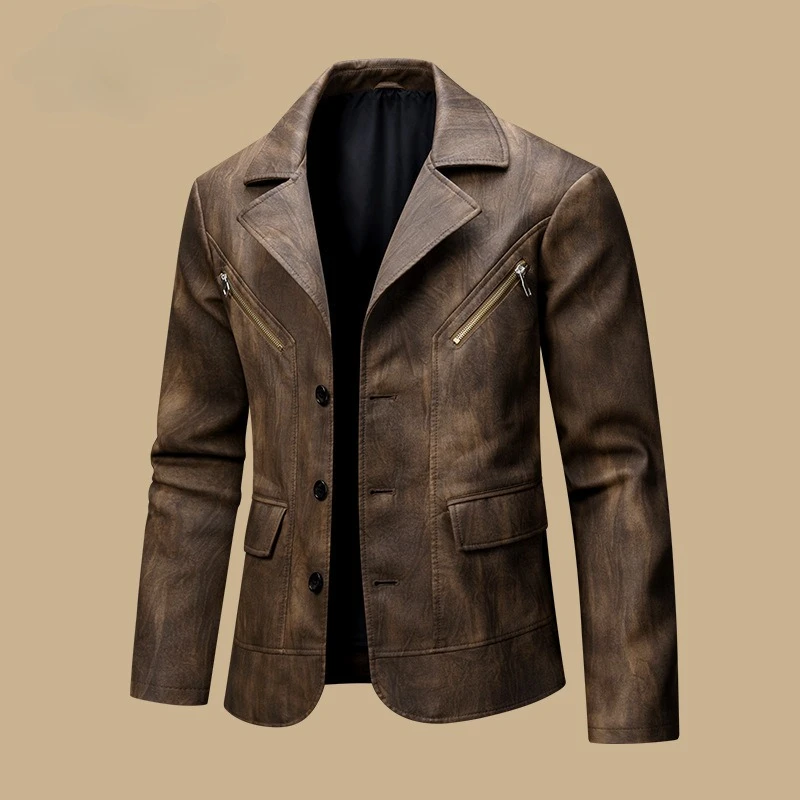 Men Vintage Faux PU Leather Jacket Notch Lapel Button Zipper Pocket Windproof Casual Motorcycle Outerwear 2 Colors