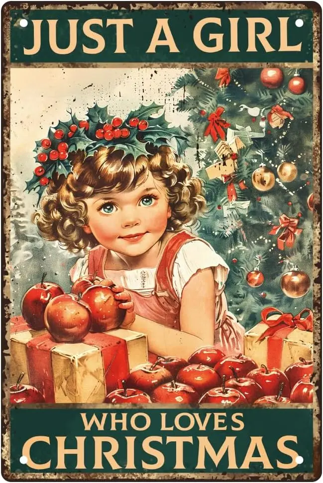 WEBEEDY Christmas Retro Metal Tin Sign Who Loves Christmas Girl Tin Sign Christmas Wall Art Thick Tinplate Print Poster for Home