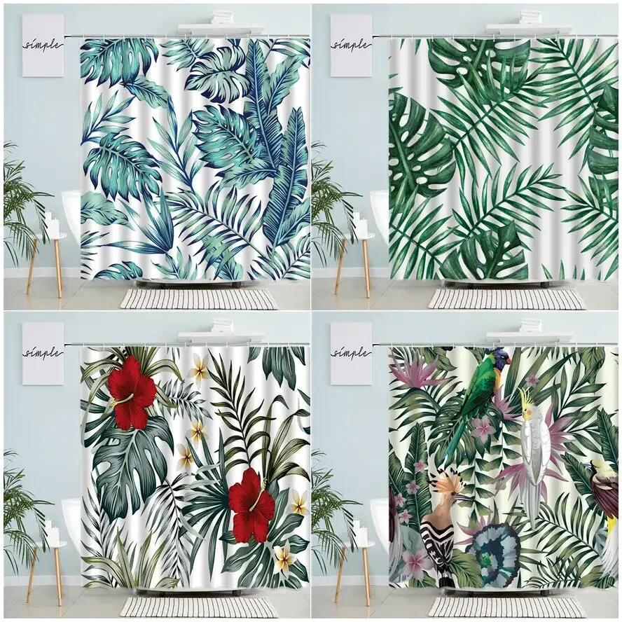 Tropical Palm Leaf Monstera Shower Curtains Watercolor Flower Plant Leaves Parrot Print Cloth Bath Curtain Nordic Bathroom Decor