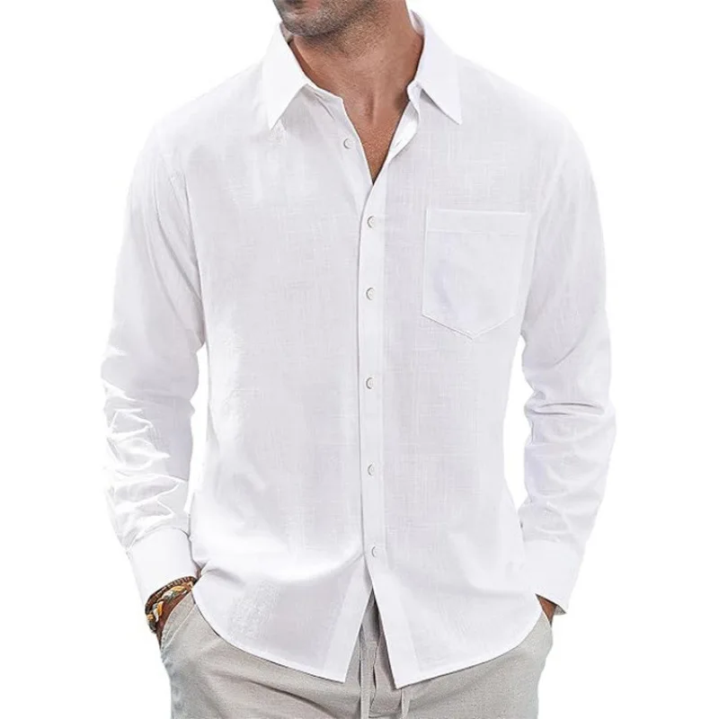 Spring/Summer Cotton Linen Shirt, Lightweight Lapel with Pockets Linen Long-Sleeve Shirt Men