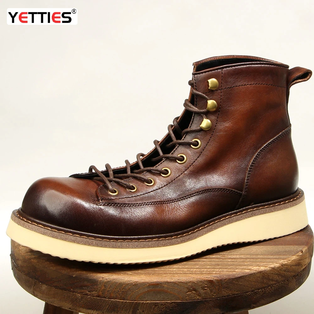 

YETTIES Men's Vintage Leather Hiking Boots, Hand-Rubbed Combat Ankle Boots, Top Grain Cowhide Motorcycle Boots High Top