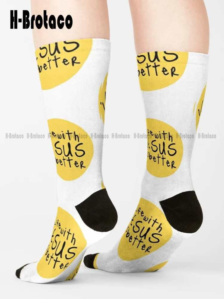 

Life With Jesus Is Better Yellow Socks Boot Socks Harajuku Retro Gd Hip Hop Street Skateboard Socks Teen Youth Socks Casual Art