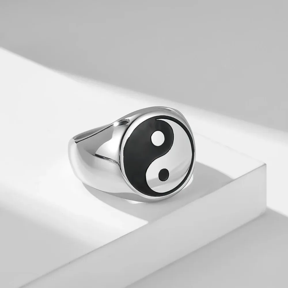Chinese Style Taoism Yin Yang Rings Gossip Taiji Diagram Ring for Men Stainless Steel Jewelry