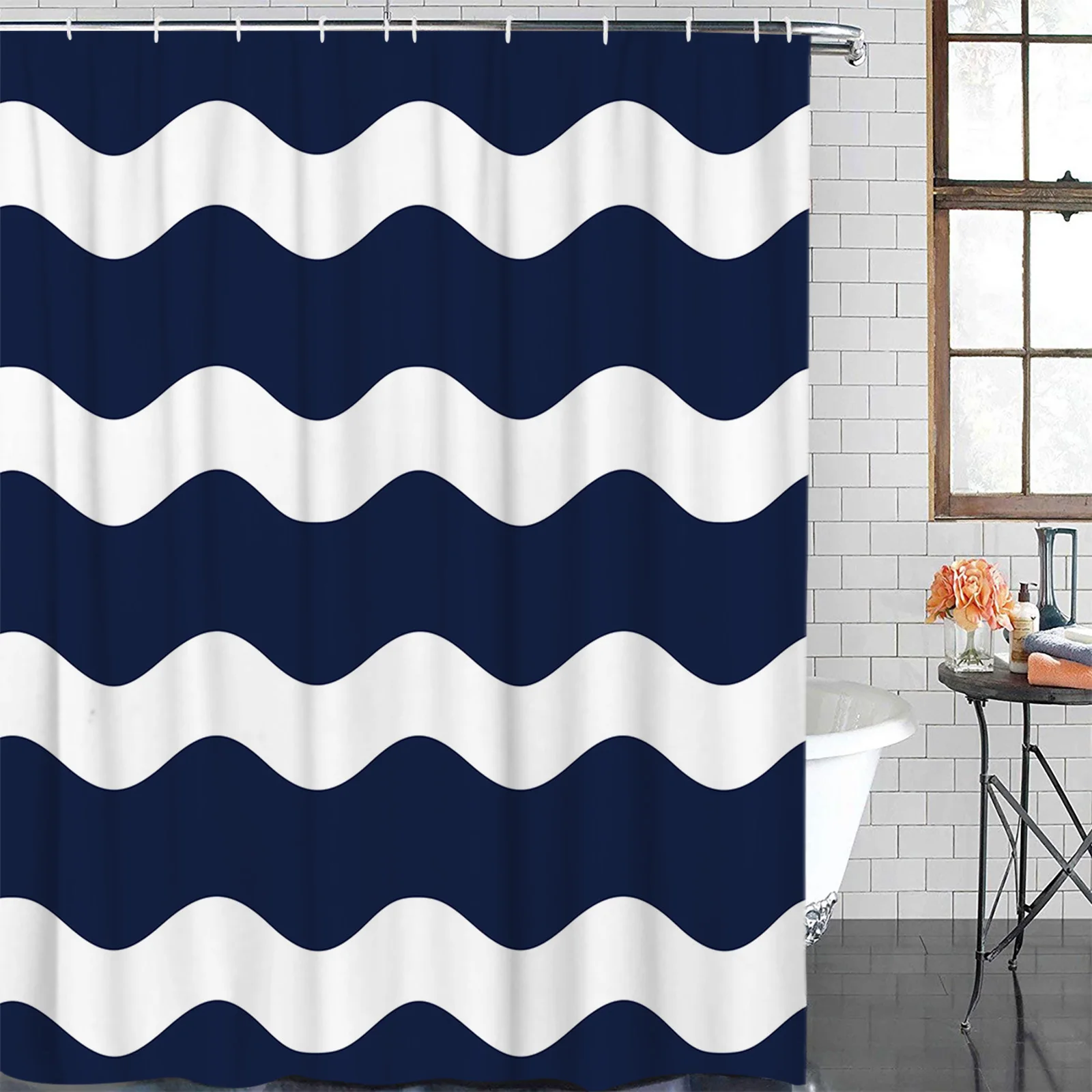 Navy Blue Ripple Waves Waterproof Bathroom Decoration Shower Curtain With Hook Printed Bathtub Curtains Bathroom Accessories