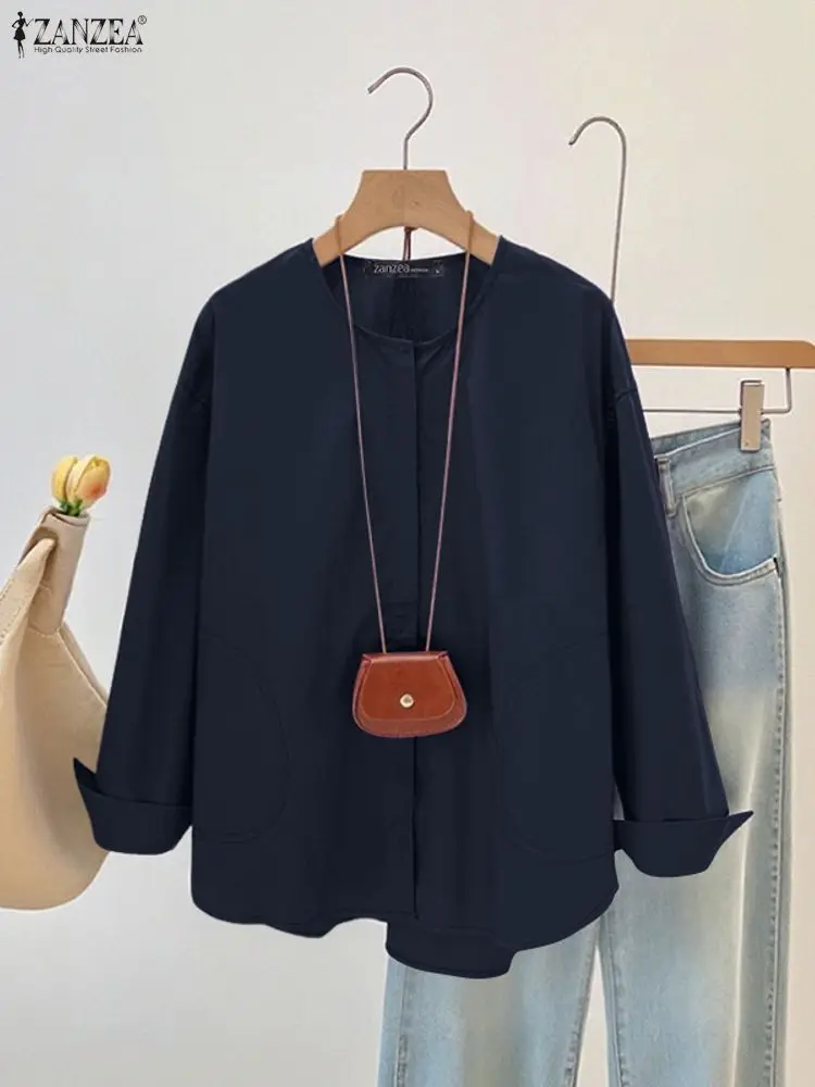 ZANZEA-camisas minimalistas para mujer, camisa informal de manga larga con cuello redondo y costuras abotonadas de Color sólido, ropa detallada para otoño 2025, 3XL