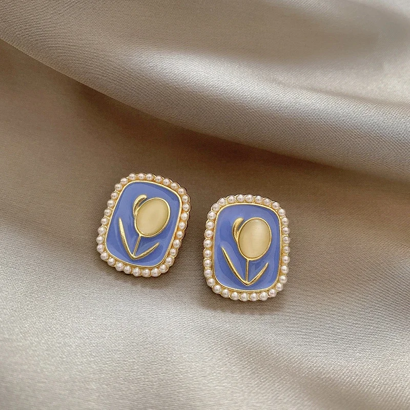 New Sweet Opal Tulip Flower Blue Square Imitation Pearl Stud Earring for Women Korean Geometric Jewelry Christmas Girl Gift