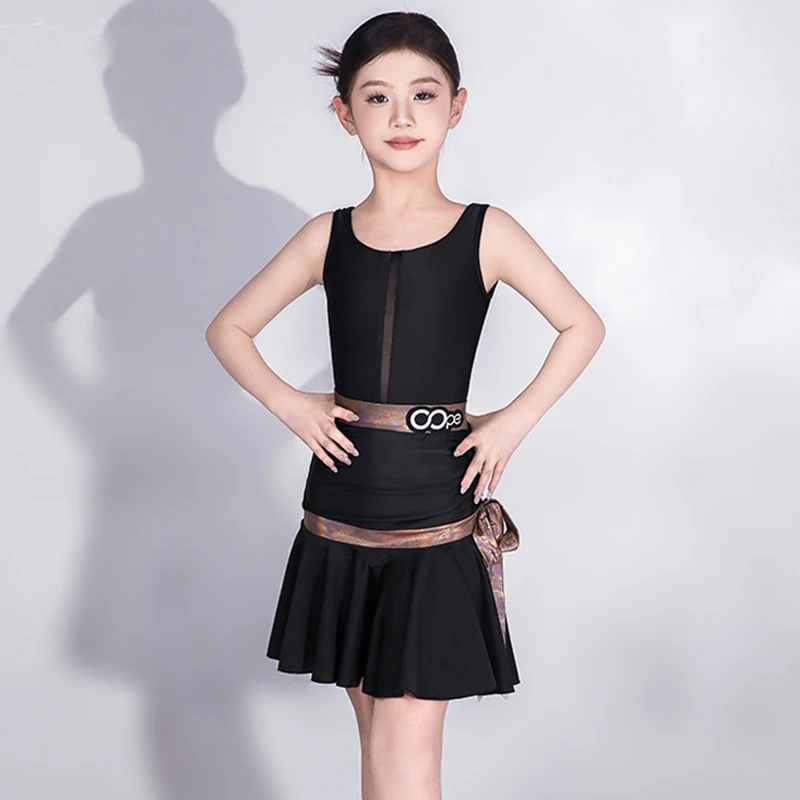 Latin Dance Dress Black Summer Performance Dance Costume Girl Sleeveless Bodysuit Skirt Set Rumba Samba Practice Clothes AMY1802