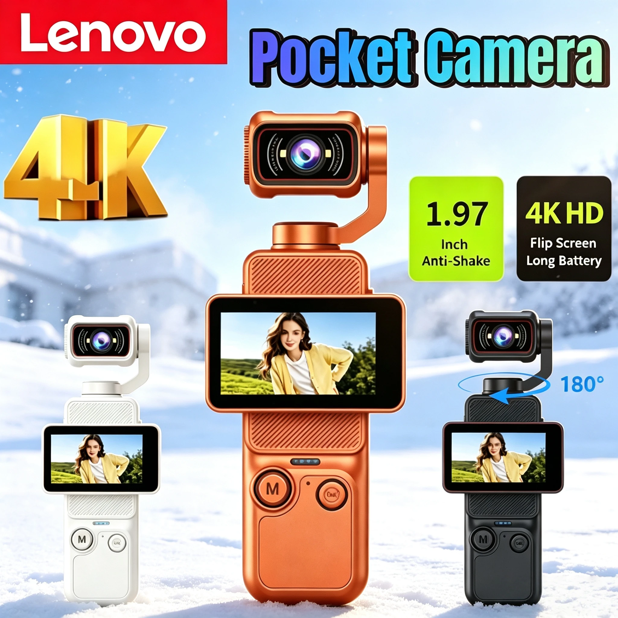 Cámara de acción Lenovo 4K portátil con pantalla giratoria