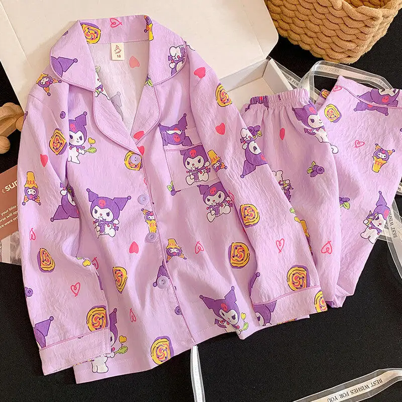Women's Long-Sleeved Trousers Pajamas Set Women's Sweet Cartoon Lapel Cardigan Home Wear Spring Autumn New Soft Two-Piece Set