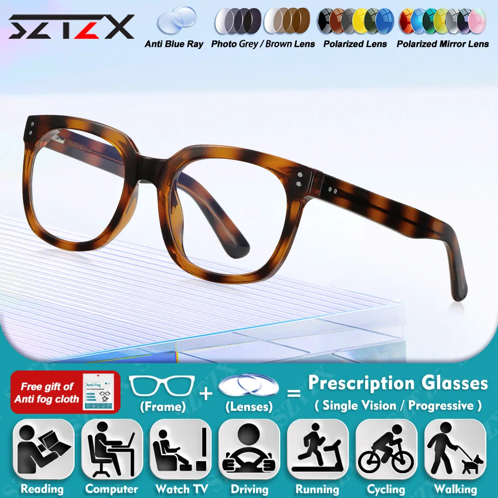 

SZTZX New Fashion Women Square Myopia Prescription Glasses Retro Blue Light Blocking Photochromic Progressive Computer Eyeware