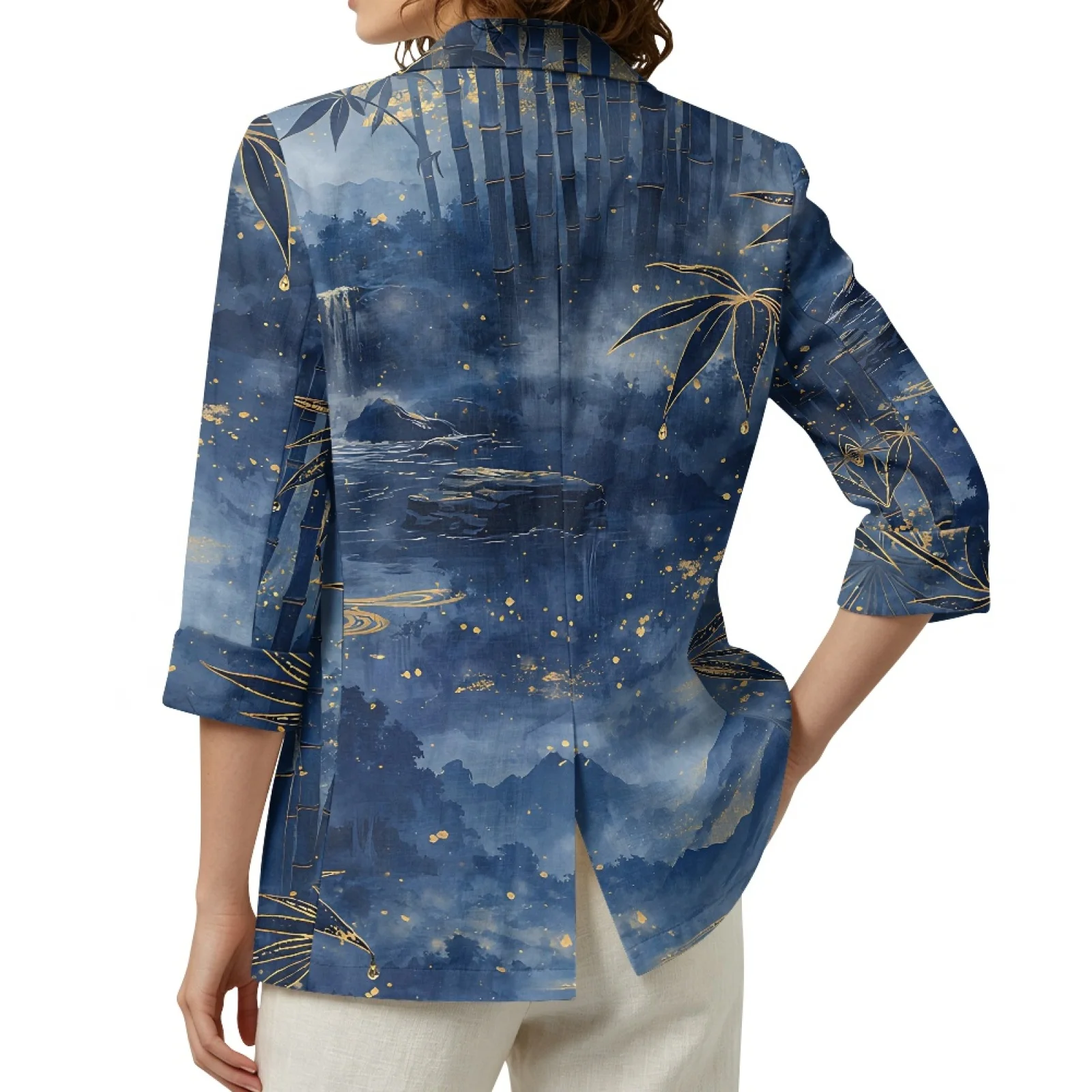 PENSTROLL Blue Gold Print Cozy Layering Top for Women Linen Style Open Front Top Beach Cover Ups