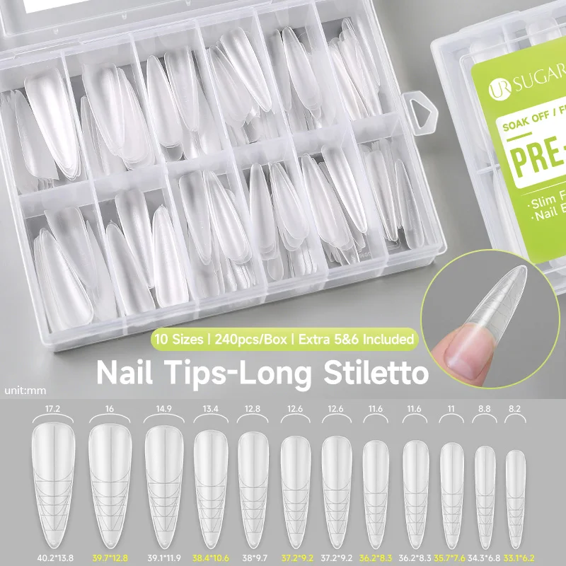 UR SUGAR 240 faux ongles longs et fins avec échelle, finition mate, couverture complète, en acrylique, pour manucure en salon ou à domicile, pose facile