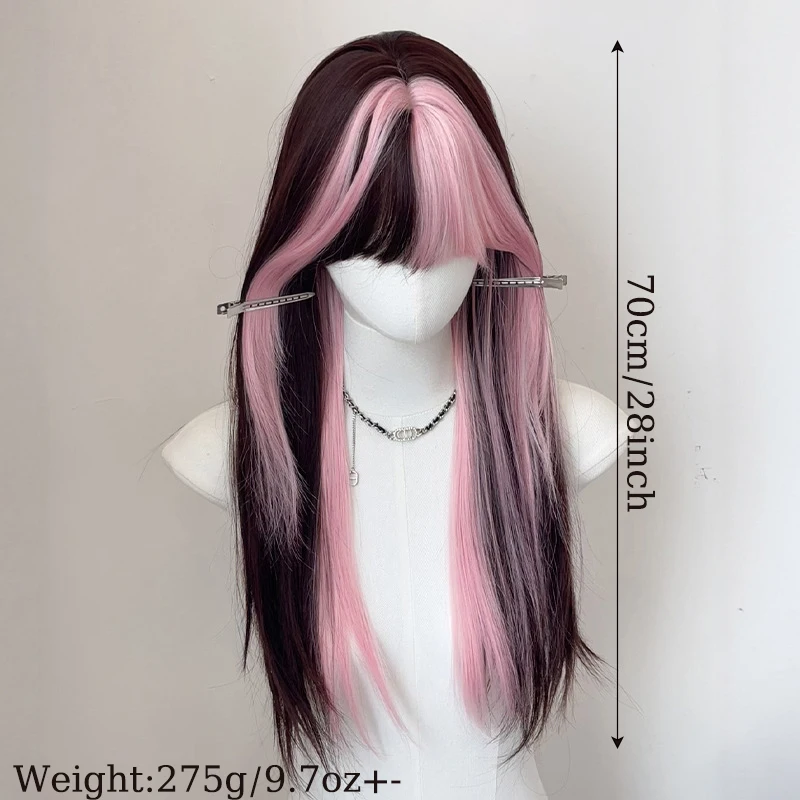Peluca larga y recta para mujer con mechas rosadas, sintética, extensión, estilo Jirai Kei, para cosplay de Draculaura 6