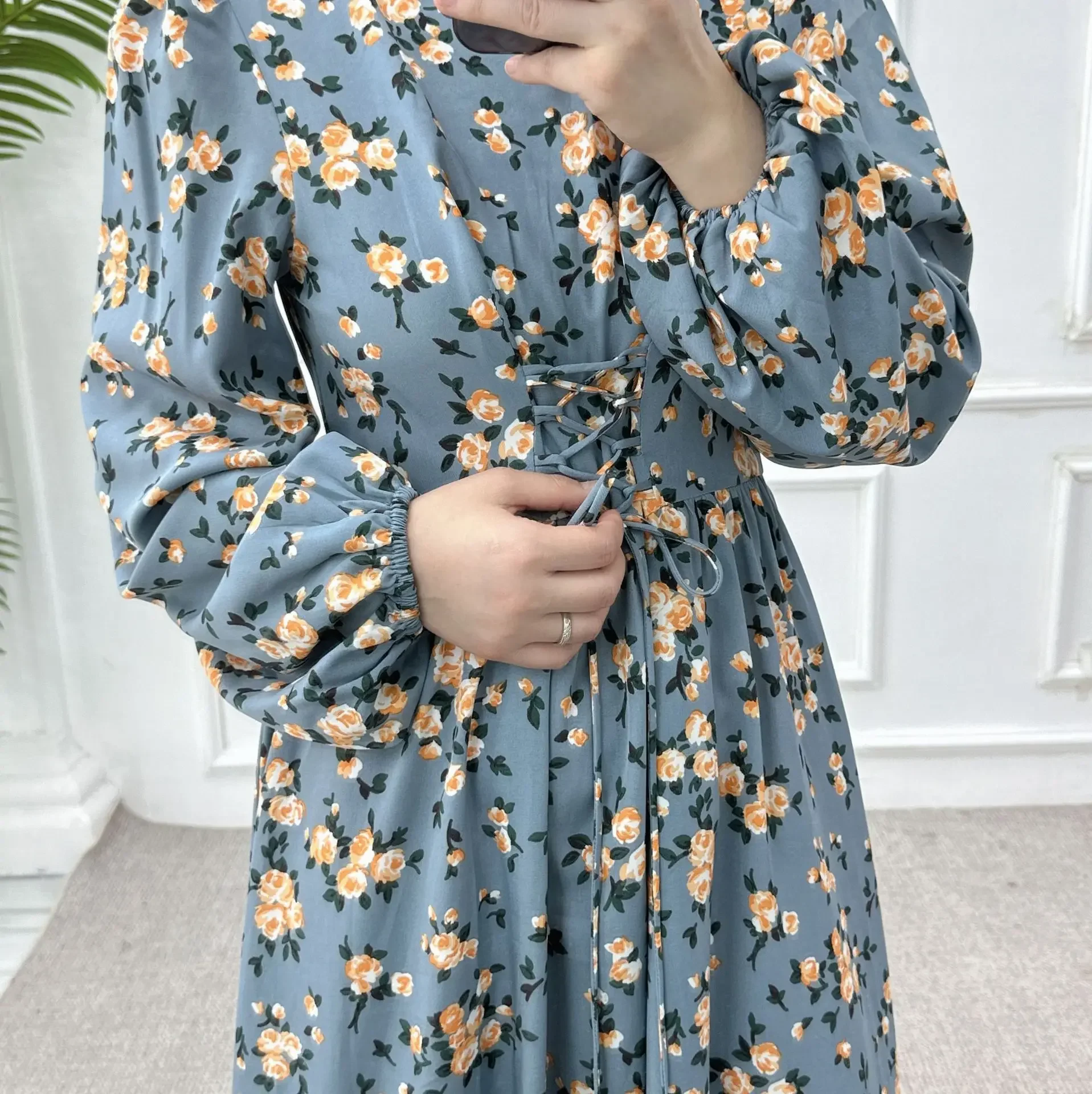 Vestido estampado de tobillo con cintura Mulim, vestido estampado de flores florales, vestido largo suelto para mujer, bata Abaya