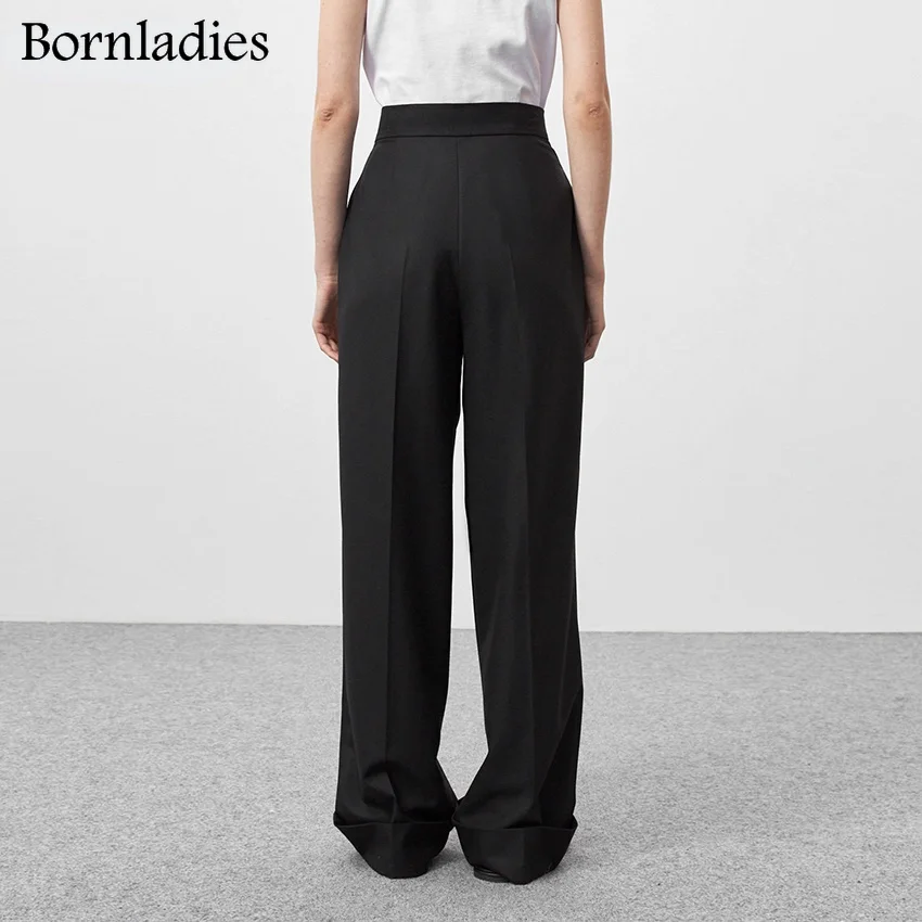 Bornladies Autumn Black Ladies Office Trousers Women High Waist Pants Pockets Female Summer Pleated Wide Leg Pants Solid 2022