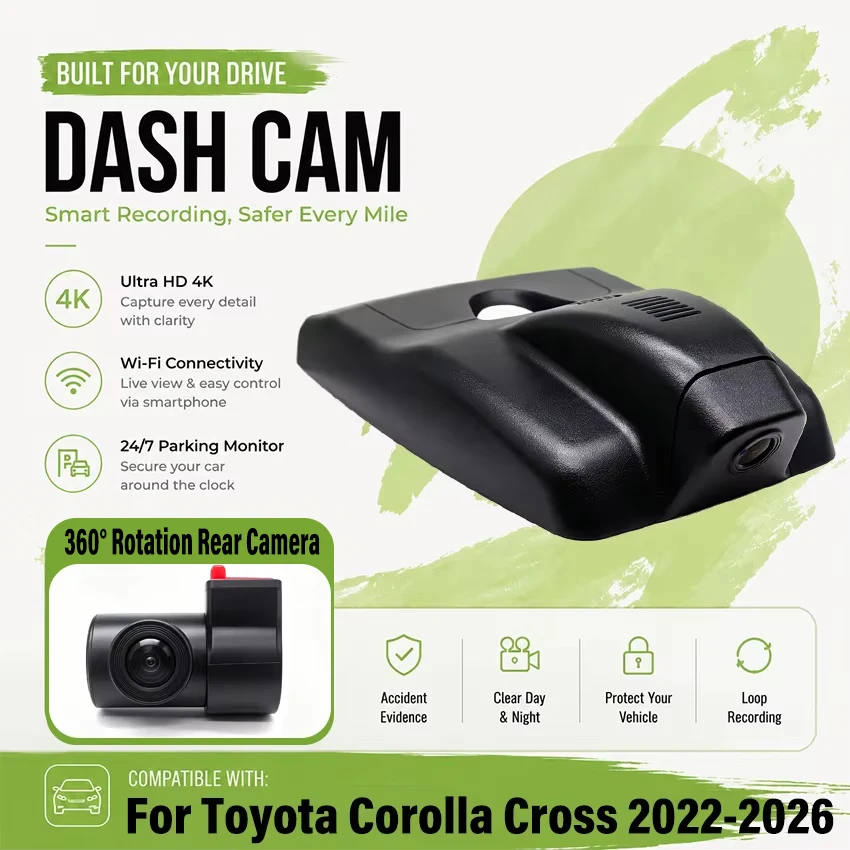 Dedicated DashCam For Toyota Corolla Cross 2022-2026 4K UHD 2160p Car DVR Plug and play Dash Cam Wifi Camera Video Wireless