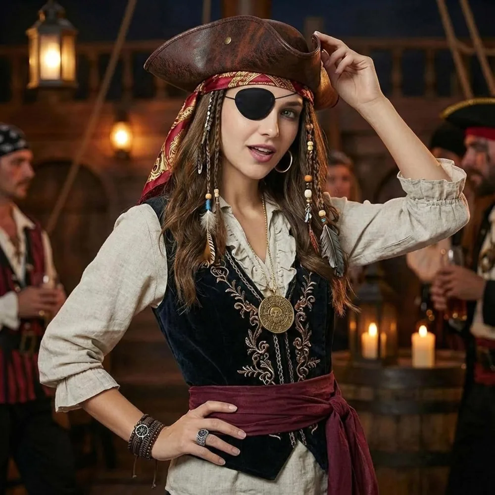 6Pcs Pirate Hat and Accessories Set for Men Women with Eye Patch Bracelet Necklace Ring Belt Pirate Costume Halloween Cosplay