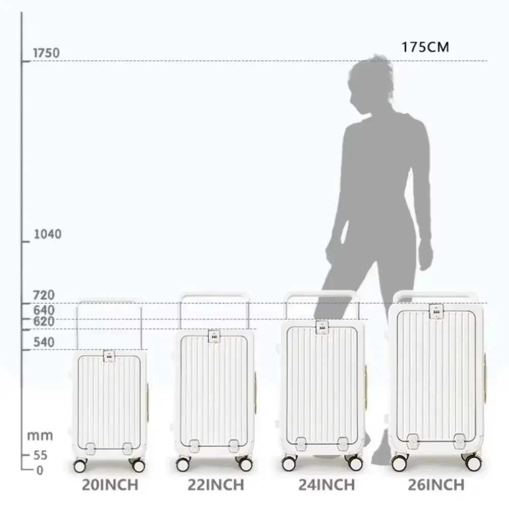 حقيبة فتح أمامية من سبائك الألومنيوم بعجلات واسعة وحقيبة سفر عالية السعة مع عجلة وقابس شحن USB #6