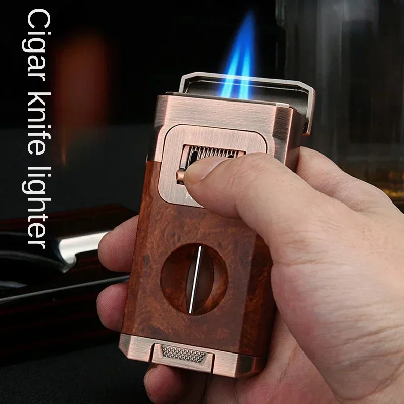 Honest New Deluxe Cigar Lighter with V Shape Blade Cigar Holder Double Nozzle Flame Butane Refillable Torch Lighter Smoker Gift