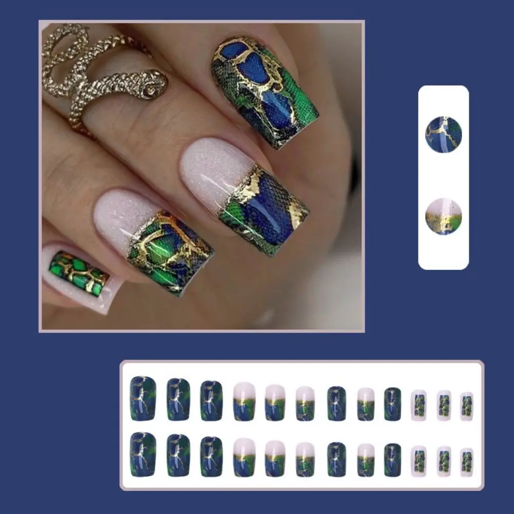 Delicate Buikspieren Vrouwen Nep Nagels Gekleurde Tekening Vlek Lange Valse Nagels Elegant Glitter Poeder Geverfde Nail Art Vrouwen