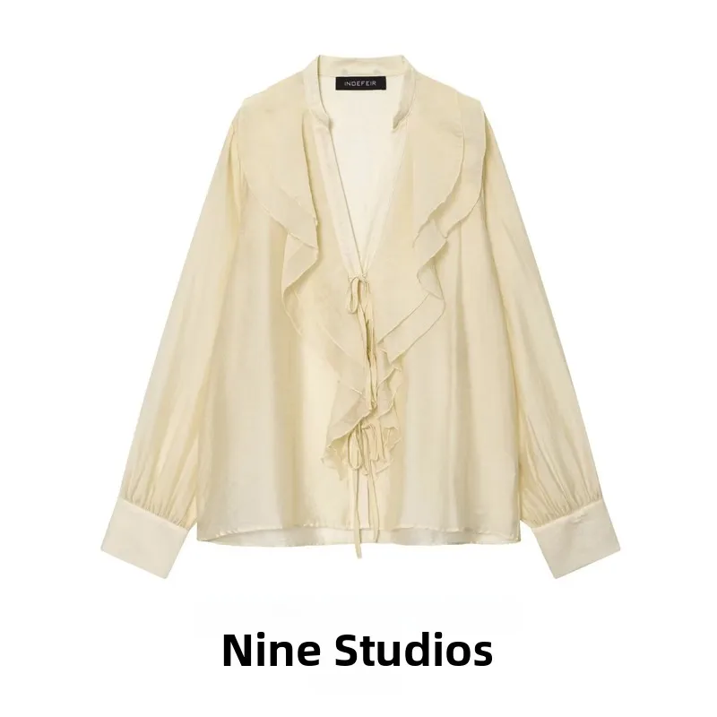 

Женская блузка NINE ZAR с бантом, длинными рукавами, многослойным декором, в европейском стиле, свободного кроя, с V-образным вырезом, из полиэстера, А-силуэт