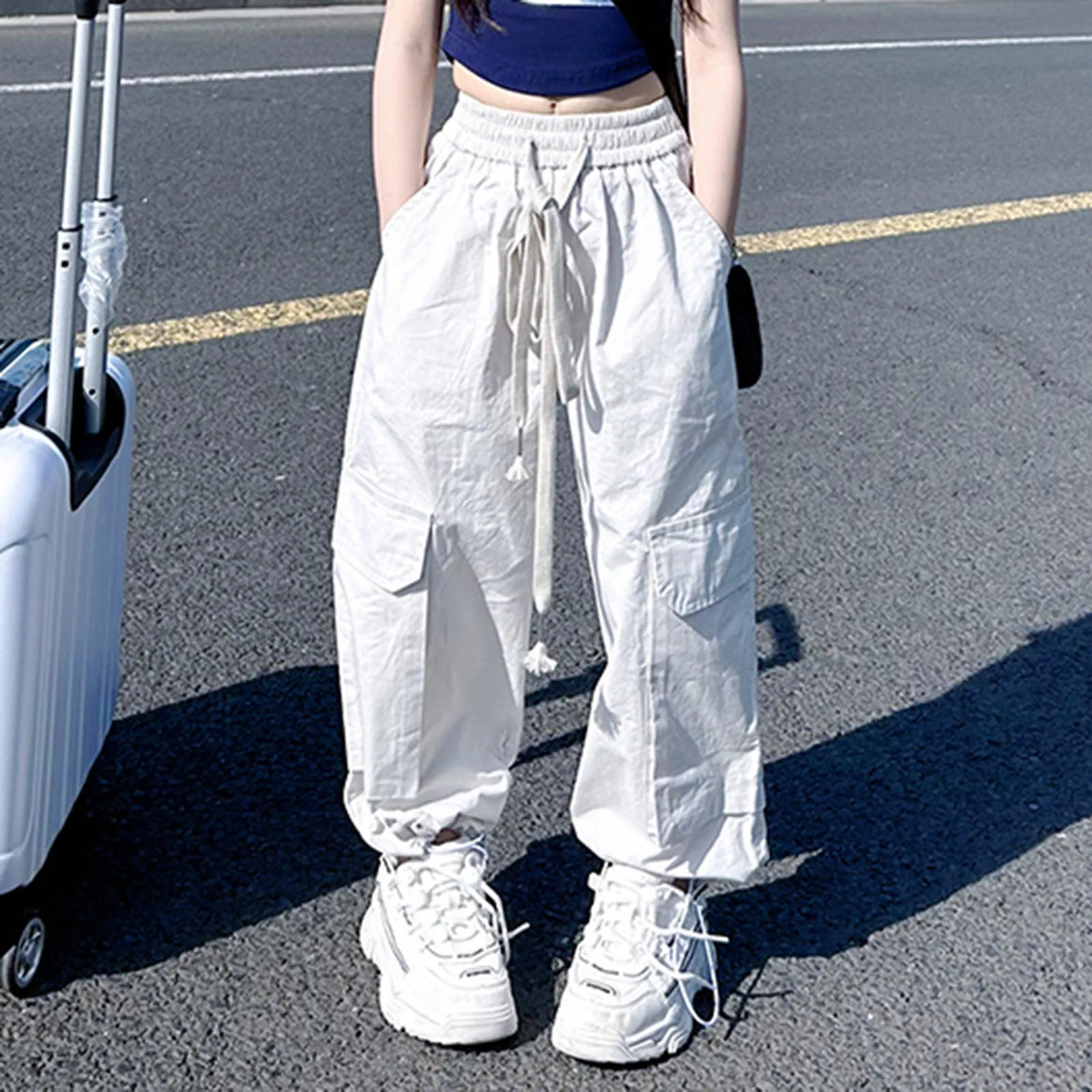 

New Girls Clothes White Pants Suits Fashion Loose Pockets Design Ankle-Length Pants Spring Autumn Casual Denim Cargo Trousers