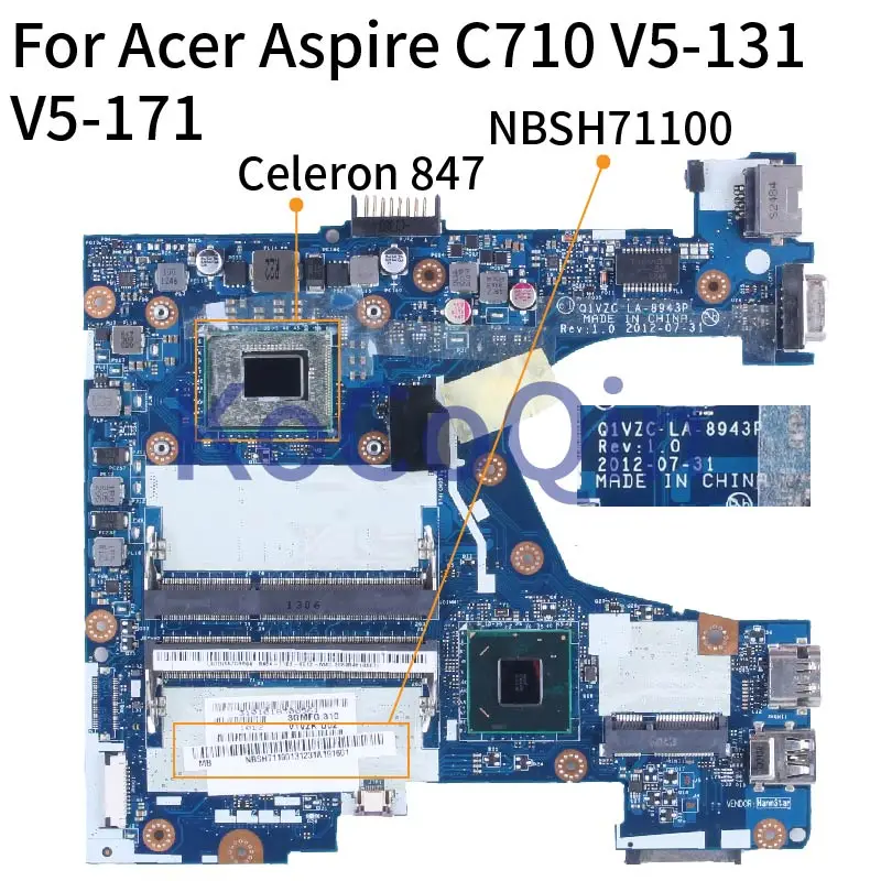 

For Acer Aspire C710 V5-131 V5-171 Celeron 847 Notebook Mainboard NBSH71100 LA-8943P SR08N DDR3 Laptop Motherboard