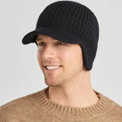 Men Winter Knitted Beanies Outdoor Cycling Ski Warm Wool Earflap Hat Short Brim with Earmuff Caps for Men Winter Hats Skullies