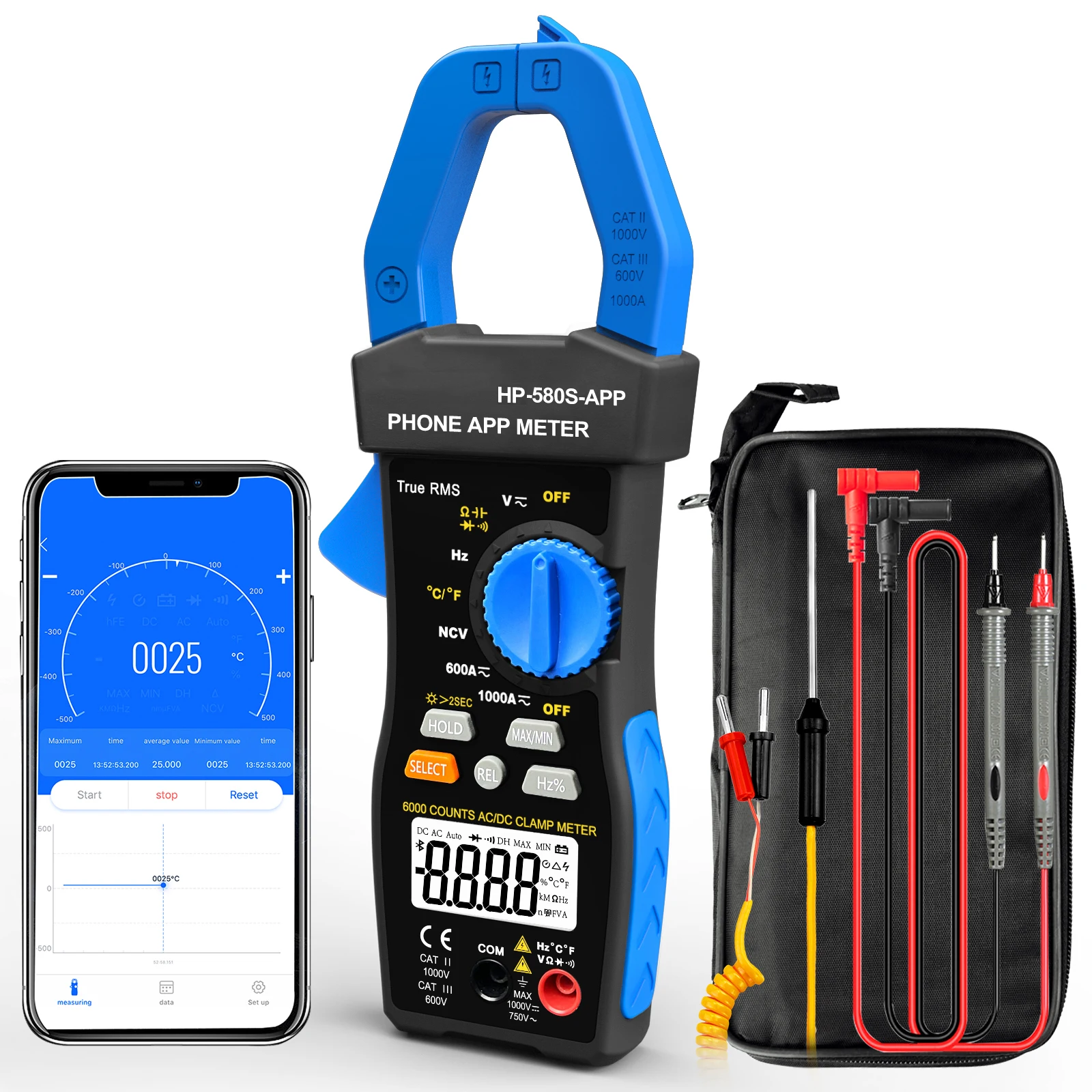 

HoldPeak HP-580S-APP Clamp Meter 6000 Counts with Phone APP True RMS Effective Value,AC DC Tester LCD Back Light,NCV