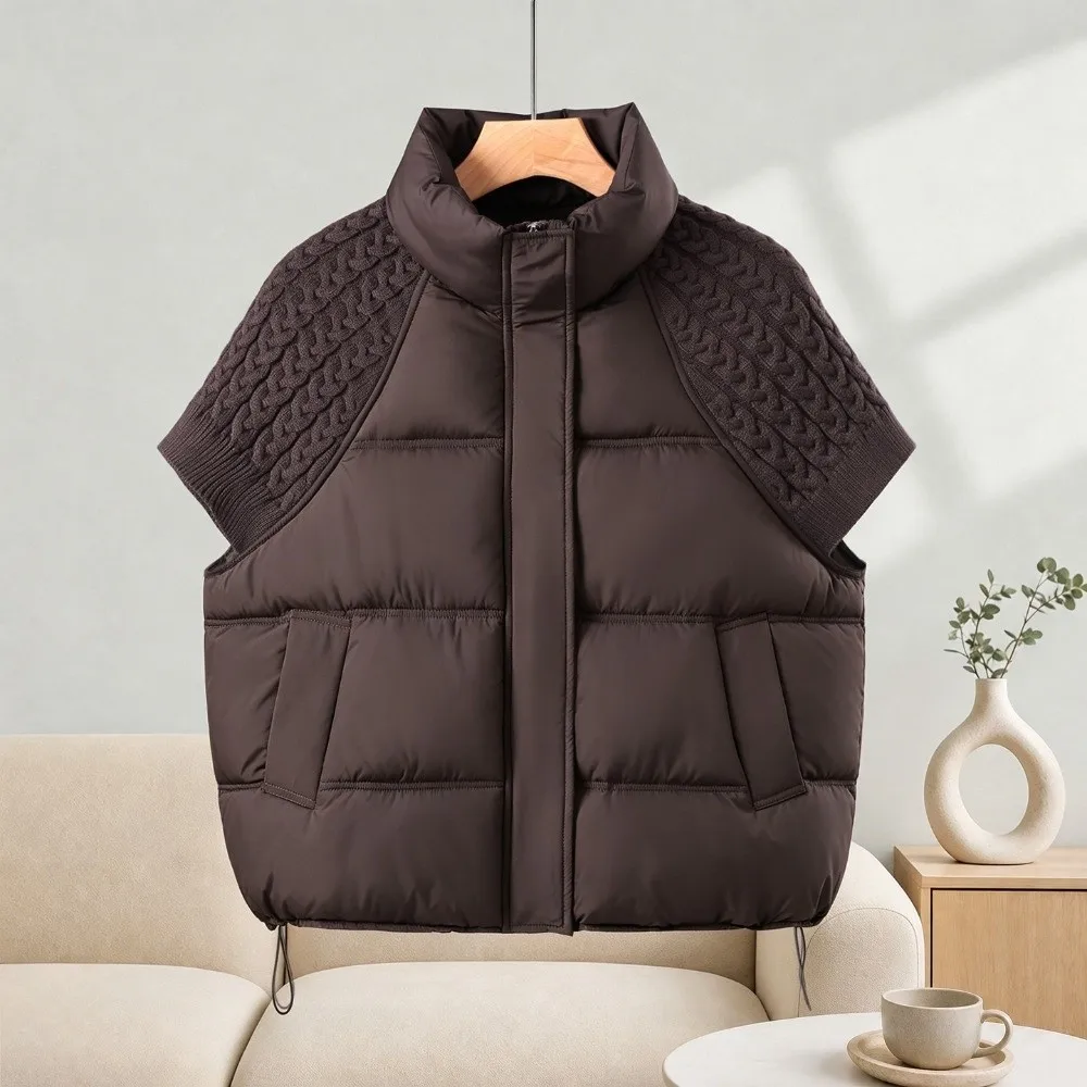 Fashion Stitching Design Knitted Vest Loose Fit Warm Lining Stand-up Collar Vest Cotton Vest Winter
