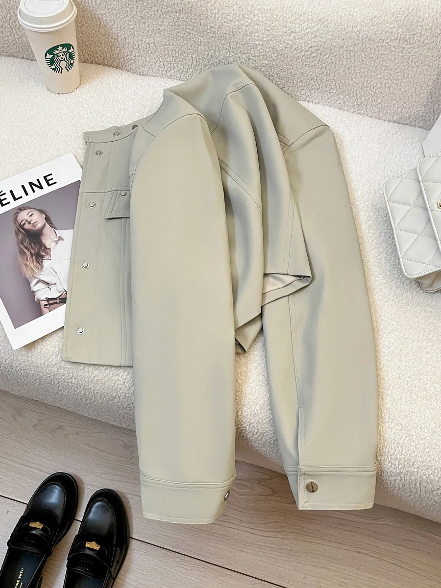 Autumn and winter women's casual solid color stand up collar long sleeved loose short jacket