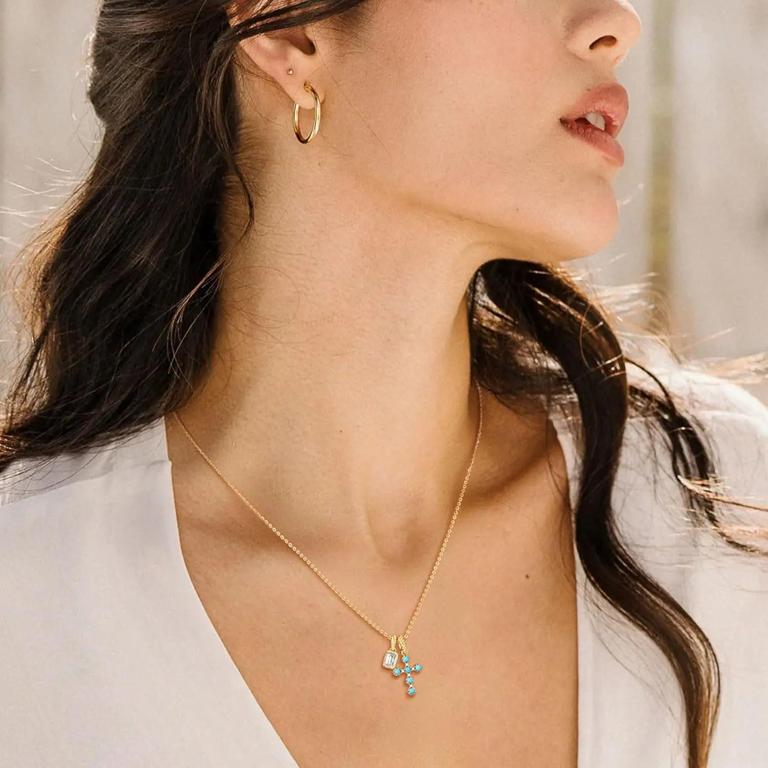 Religious Style Cross Pendant Necklace Rectangle Zircon Charm Chain Necklace for Women Retro Neckwear Daily Wear Jewelry Gift