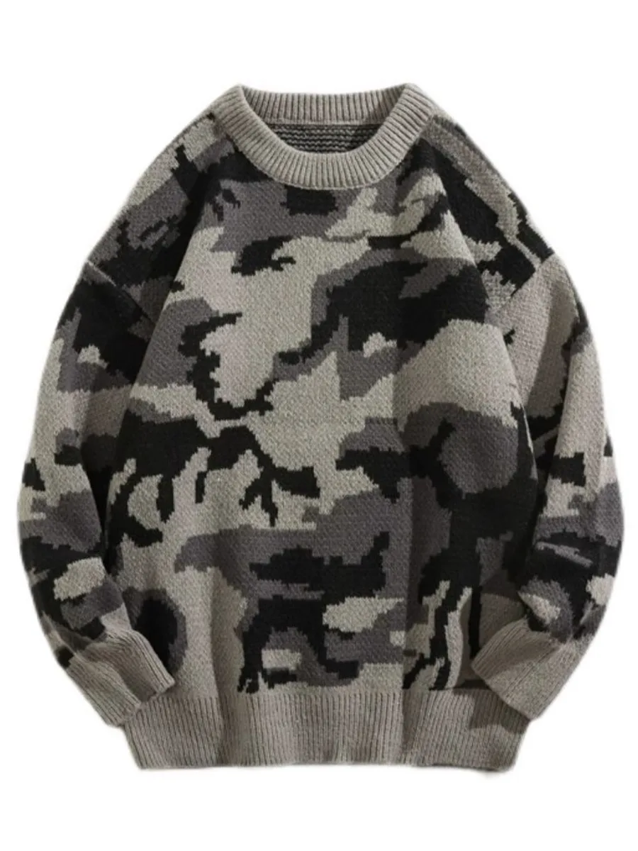 Autumn Winter Trendy Round Neck Knitted Sweater Men Loose Casual Camouflage Casual Daily Jacquard Sweater Pullover