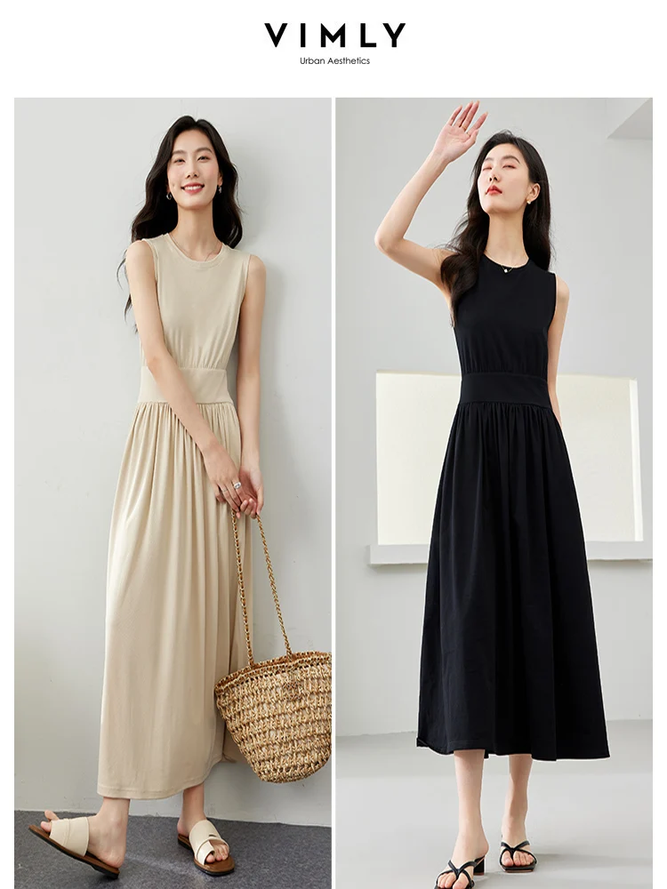 VIMLY Lyocell Sexy Casual Basic Sleeveless Dress For Women Summer Elegant Draped Skinny French Style Solid Dress M7287