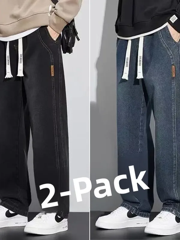 Slim Fit Loose Straight Leg Jeans Elastic Waist Men's 2026 New Versatile Trendy Brand Wide Leg plus Size Drapey Long Trousers