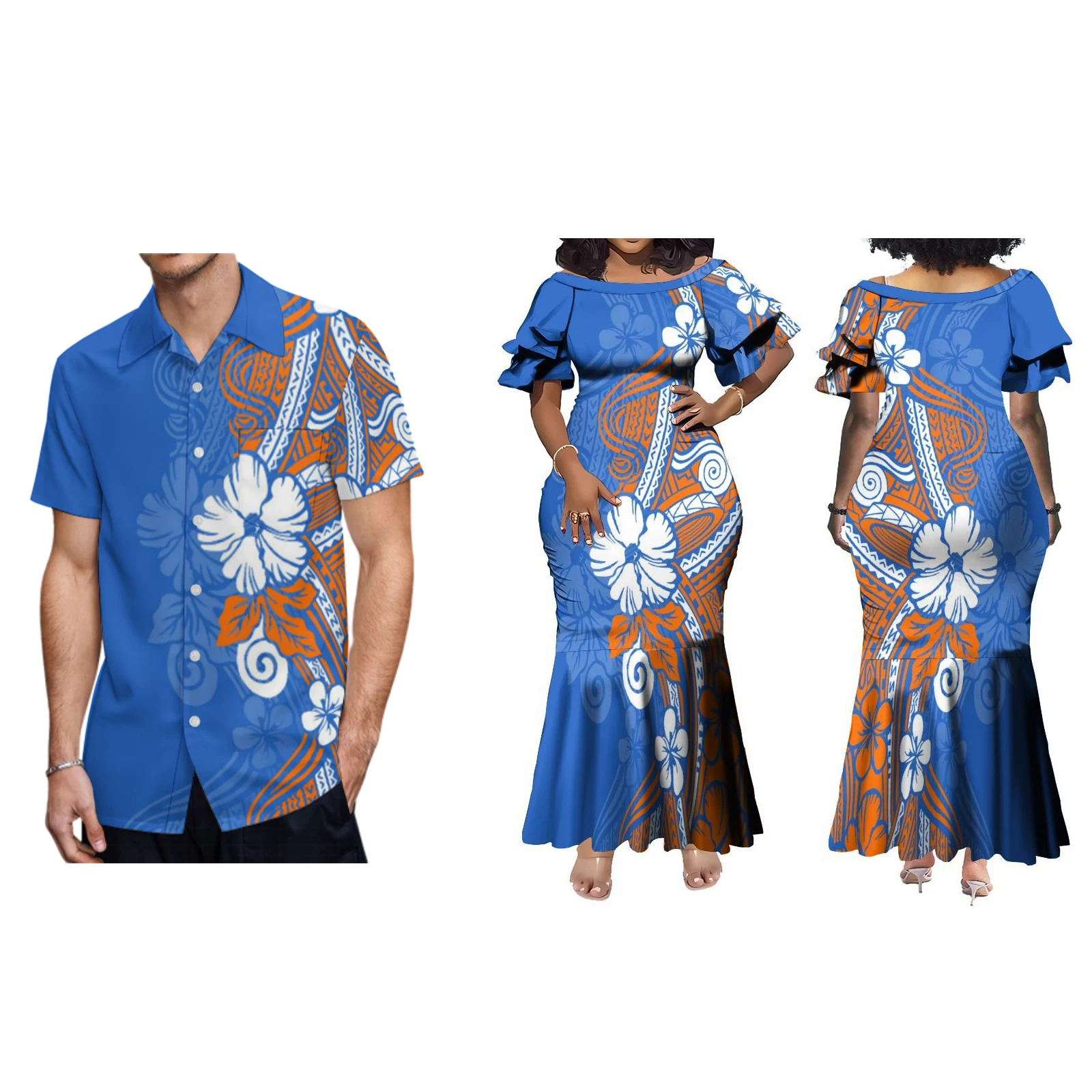 2024 New Polynesian Island Design Women\'S Fishtail Dress With Sheath Long Skirt Matching Men\'S Aloha Shirt Free Shipping