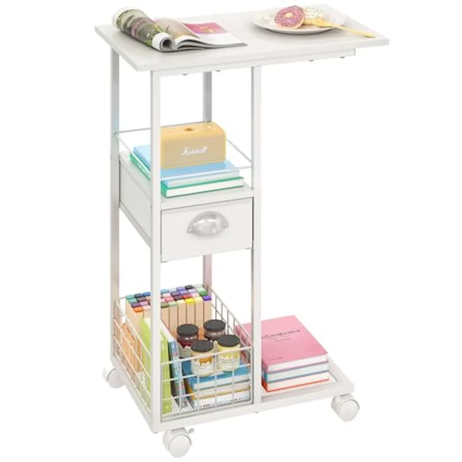 

Rolling Side Table with Storage Drawer, Bedside Table with Wheels, TV Tray for Sofa, Portable Desk on Wheels, Modern Night Stan
