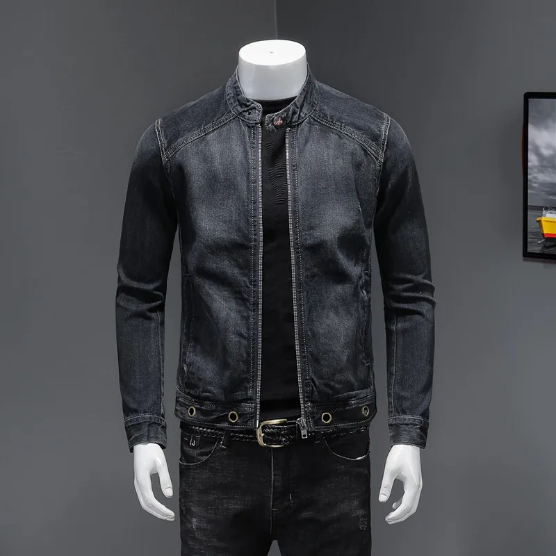 

Мужская джинсовая куртка Slim Fit без воротника, с эффектом потертости, молодежная модная верхняя одежда, с длинными рукавами, из хлопковой джинсовой ткани, осенний сезон
